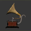 Vintage Gramophone With Golden Horn Red Base Turntable And Crank Handle