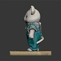 Cute Mouse Stuffed Doll Wearing Green Overalls And Plaid Shirt Standing On Wooden Base