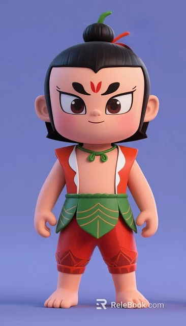 Cartoon Man With Black Short Hair Big Eyes Red Top And Green Belt 3d model 