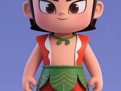 Cartoon Man With Black Short Hair Big Eyes Red Top And Green Belt 3d model