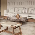 Modern Hotel Public Lounge With Wooden Wall Sofa Coffee Table And Decorative Vases