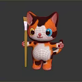 Cute Cartoon Cat With Orange White Brown Fur Colorful Eyes Holding Paintbrush On Dark Background