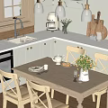 Cozy Restaurant Dining Area With Wooden Table Light Chairs Teapot Flower Vase And White Cabinets