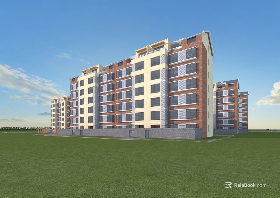 Modern Multi Storey Residential Building With Red Brick Light Walls And Green Lawn 3d model 