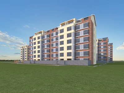 Modern Multi Storey Residential Building With Red Brick Light Walls And Green Lawn 3d model