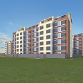 Modern Multi Storey Residential Building With Red Brick Light Walls And Green Lawn