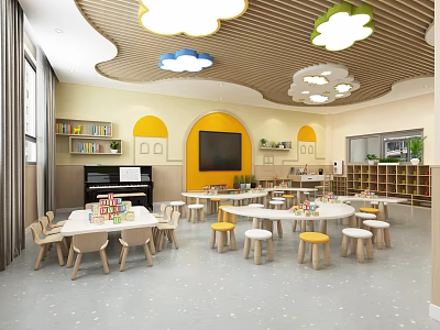 Bright Kindergarten Classroom with Cloud Shaped Lights Yellow Walls and White Round Tables 3d model