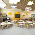Bright Kindergarten Classroom with Cloud Shaped Lights Yellow Walls and White Round Tables