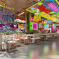 Cyberpunk Style Restaurant Interior with Neon Lights Dining Tables Chairs Green Plants and Decorative Paintings