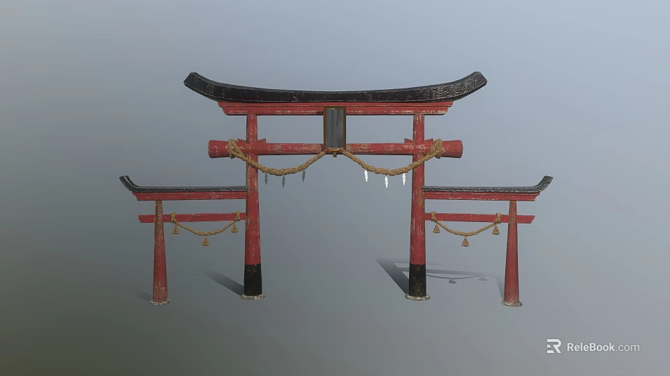 Traditional Red Torii Gate Structure With Wooden Frames And Decorative Pendants 3d model