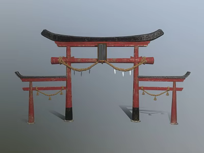 Traditional Red Torii Gate Structure With Wooden Frames And Decorative Pendants 3d model