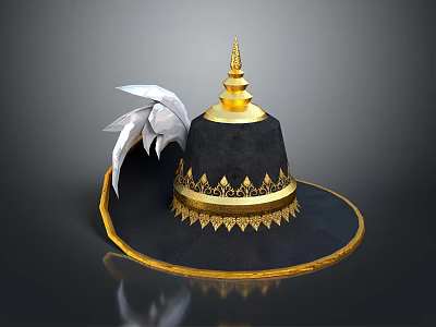 Black Traditional Hat With Golden Spire Ornate Patterns And White Feathers 3d model