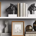 Decorative Ornament Set with Wooden Sculpture Horse Figurines Photo Frames Books and Vases on Shelf