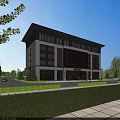 Modern Office Building Front View With White And Dark Exterior And Landscaped Surroundings