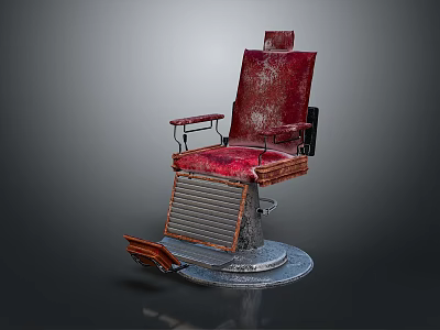 Red Vintage Leather Barber Chair With Metal Base And Footrest 3d model