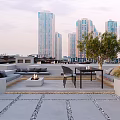 Rooftop Garden With Wooden Deck Outdoor Furniture Fire Pit Railing Plants And Sunset View