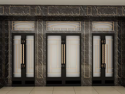 Luxurious Double Doors With Golden Handles And Glass Panels On Marble Wall 3d model
