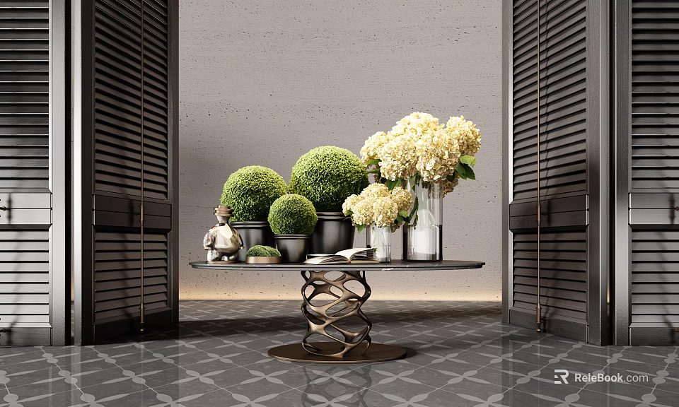 Elegant Entryway Console Table With Green Topiaries White Hydrangeas And Twisted Metal Base 3d model 
