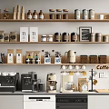 Organized Kitchenware Display on Wooden Shelves with Coffee Tea Items Jars and Coffee Machine