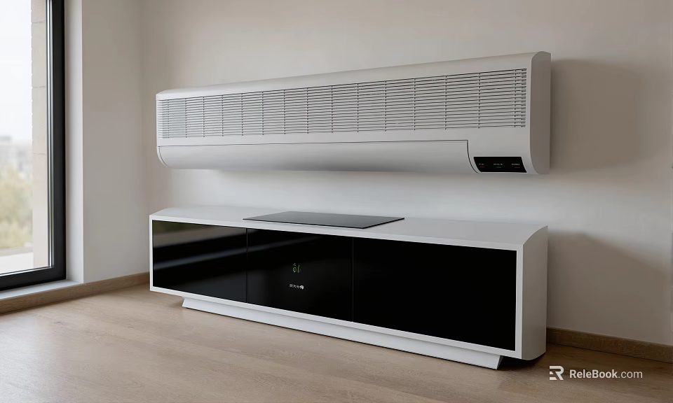 White Sleek Wall Mounted Air Conditioner Fan In Modern Interior With TV Stand 3d model 