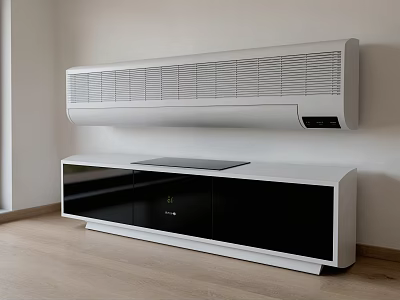 White Sleek Wall Mounted Air Conditioner Fan In Modern Interior With TV Stand 3d model