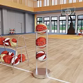Bright Basketball Court Interior With Wooden Floor Hoop And Stacked Basketballs On Stand