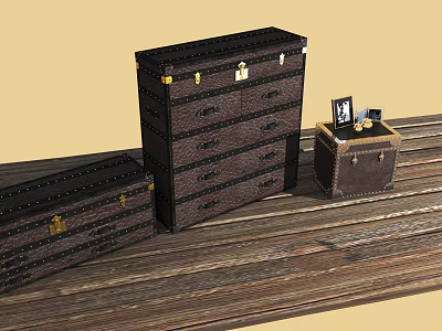 Vintage Leather Trunks on Wooden Table with Small Chest and Photo Frame 3d model
