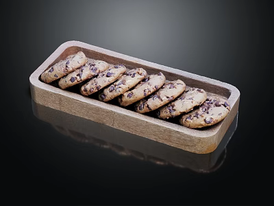 Delicious Chocolate Chip Cookies Arranged On Wooden Tray With Crunchy Texture 3d model