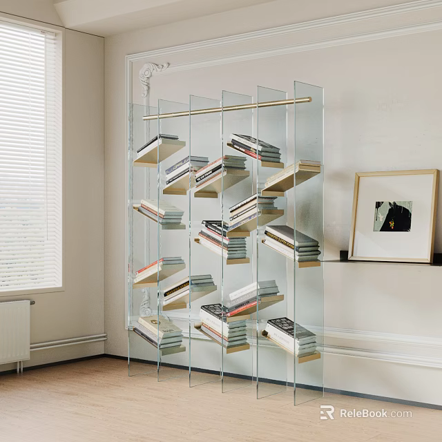 Modern Glass Bookshelf with Multiple Shelves Holding Books Near Window and Framed 3d model 