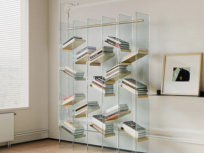 Modern Glass Bookshelf with Multiple Shelves Holding Books Near Window and Framed 3d model