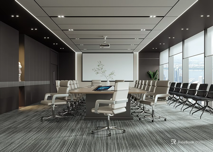 Modern Conference Room With Long Table Ergonomic Chairs Large Screen Window View And Green Plants 3d model 