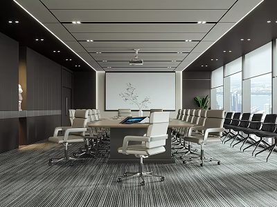 Modern Conference Room With Long Table Ergonomic Chairs Large Screen Window View And Green Plants 3d model
