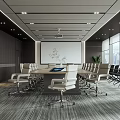 Modern Conference Room With Long Table Ergonomic Chairs Large Screen Window View And Green Plants