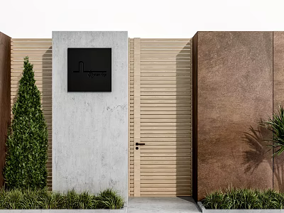 Modern Entrance Gate With Concrete Panel And Wooden Slats Surrounded By Green Shrubs 3d model