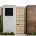 Modern Entrance Gate With Concrete Panel And Wooden Slats Surrounded By Green Shrubs