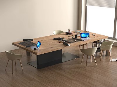 Modern Office Wooden Conference Table Setup With Laptops Chairs And Window 3d model