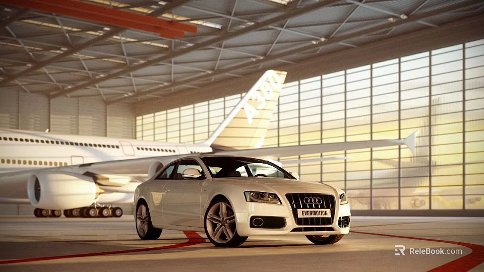 White Audi Car Parked In Modern Airport Hangar With Airplane Background 3d model 