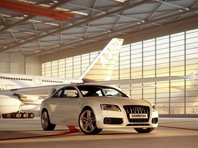 White Audi Car Parked In Modern Airport Hangar With Airplane Background 3d model