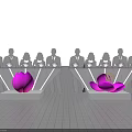 Silhouette Figures Activating Flower Shaped Devices With Light Beams On White Platforms