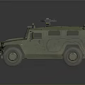 Green Military Off-Road Vehicle with Mounted Machine Gun on Roof Large Tires and Armored Body