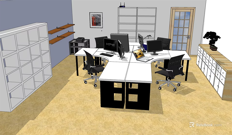 Modern Office Desk Setup With Computer Monitors Office Chairs And Bookshelves 3d model 