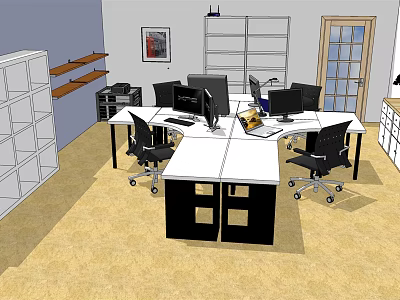 Modern Office Desk Setup With Computer Monitors Office Chairs And Bookshelves 3d model