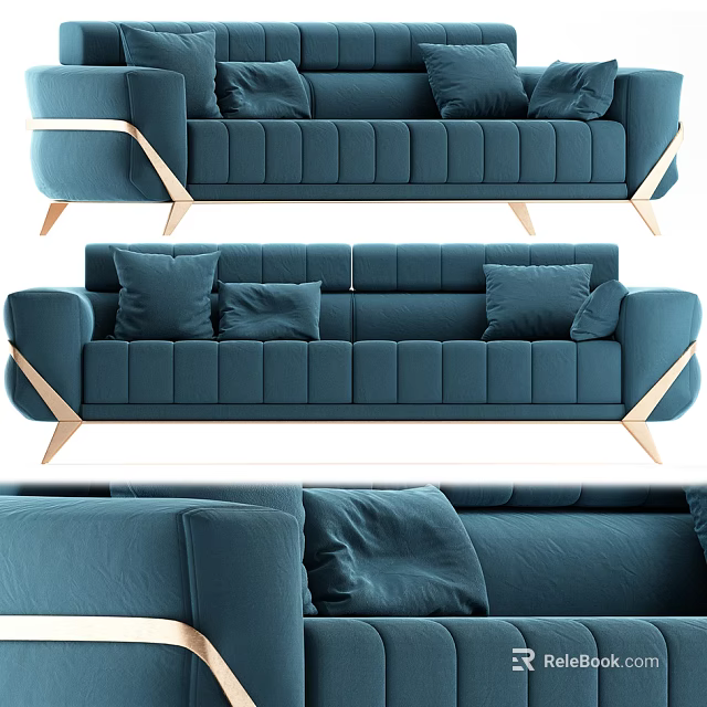 Modern Blue Sectional Sofa With Metal Legs And Soft Throw Pillows 3d model