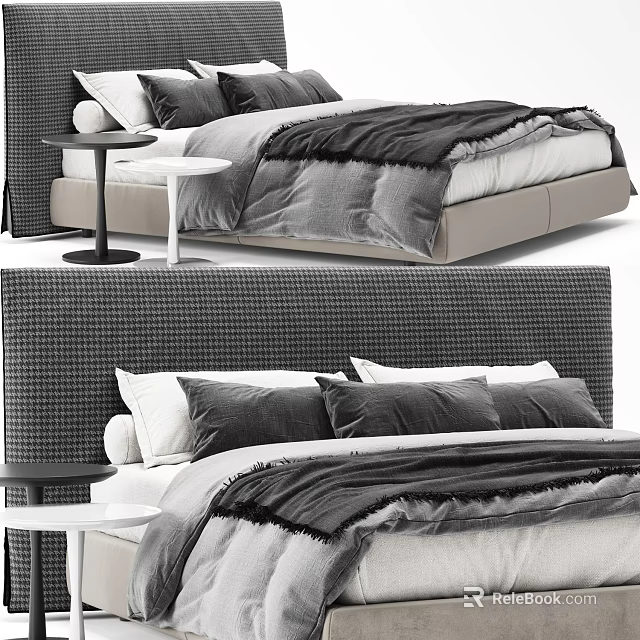 Modern Double Bed With Woven Texture Headboard And Gray White Bedding 3d model