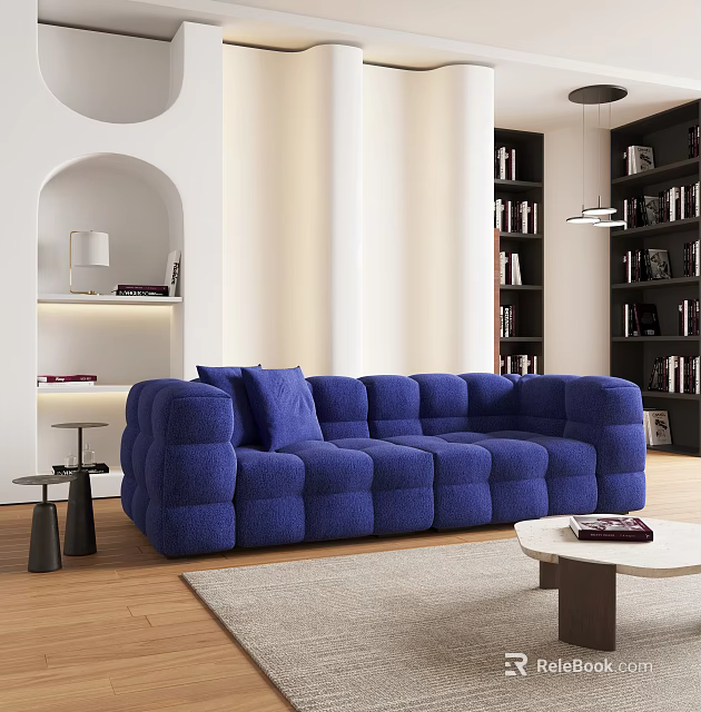 Modern Living Room Blue Modular Sectional Sofa With Bookshelves Side Table And Rug 3d model 