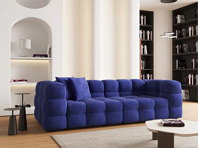 Modern Living Room Blue Modular Sectional Sofa With Bookshelves Side Table And Rug 3d model