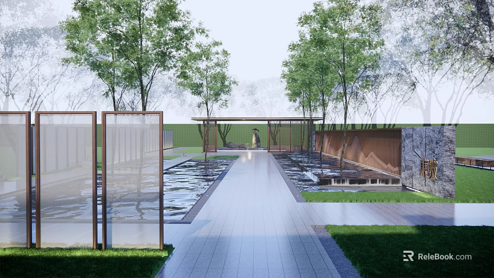Modern Scenic Wall Design With Glass Panels Trees And Reflecting Pool In Garden Pathway 3d model 