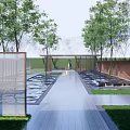 Modern Scenic Wall Design With Glass Panels Trees And Reflecting Pool In Garden Pathway