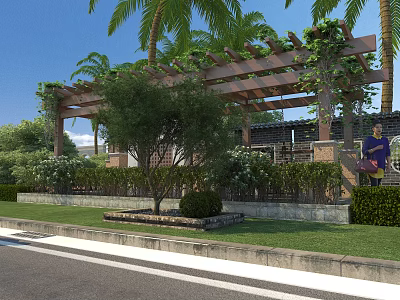 Wooden Pergola Covered with Vines Palm Trees and Bushes in Outdoor Garden Against Brick Wall 3d model