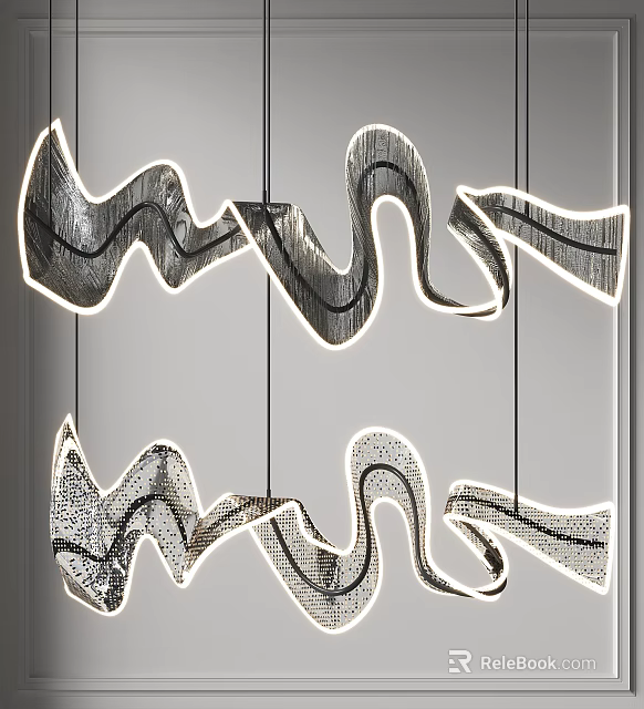 Modern Abstract Curved Chandeliers With Metal Frames And LED Lighting For Interior Design 3d model 
